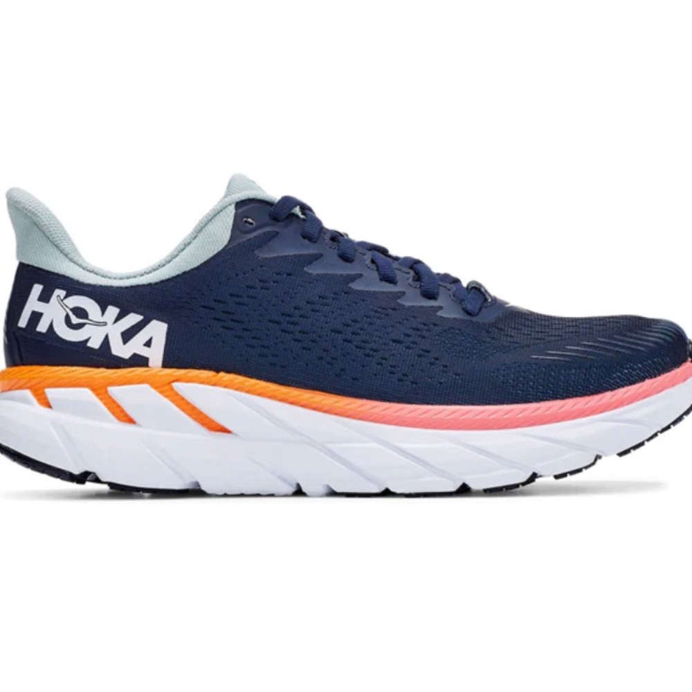 Hokas Women's Clifton navy and orange